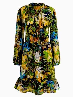 J. Crew Floral Long-Sleeve Ruffle-Hem Dress in Green, Yellow, Blue SILK